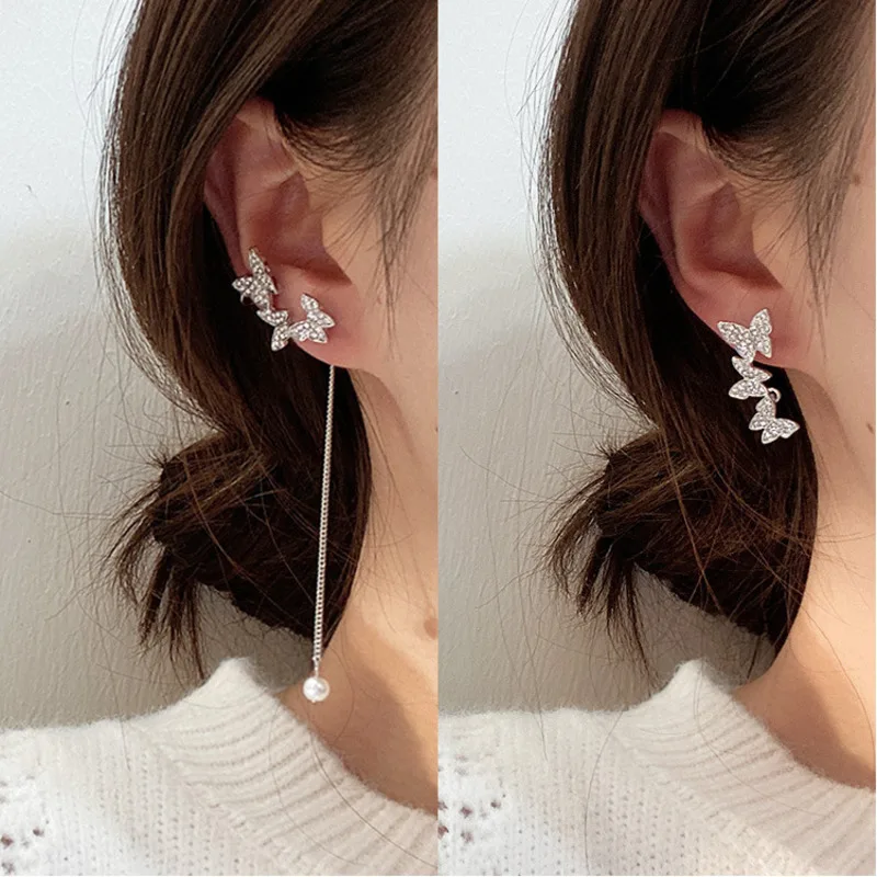 Korea Butterfly Wings Long Tassel Earrings For Women Jewelry Imitation Prevent allergy Crystal Asymmetric Statement Drop Earring
