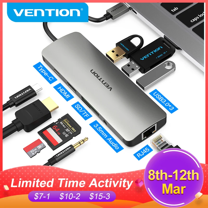 Vention Thunderbolt 3 Dock Hub USB C to HDMI VGA USB 3.0 RJ45 Audio Splitter for MacBook Samsung Huawei Type C Adapter USB-C Hub