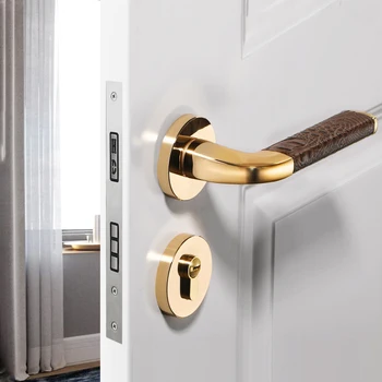 

Leather +Zinc Alloy Door handle with Lock Interior Door Lock Washroom/Kitchen/Toilet Anti-theft Lock gold Furniture Hardware