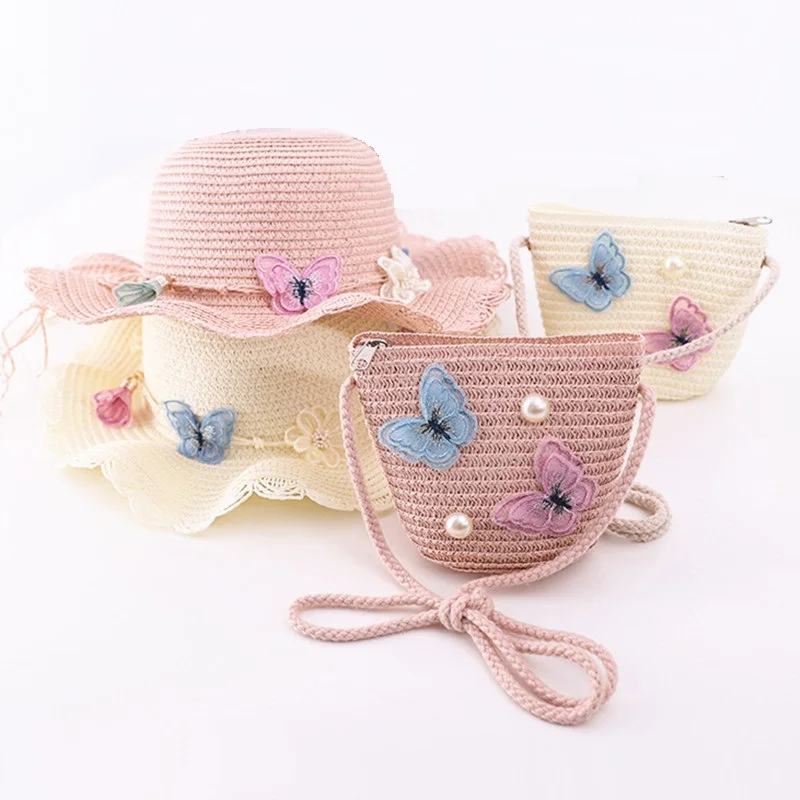 Sun hat sun protection hat Summer child casual butterfly straw hat handbags Sets Kid girls Outdoor holiday panama cap straw bags