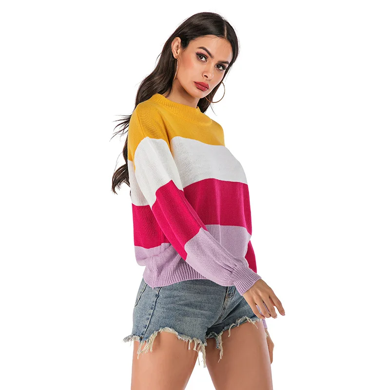 Fall/winter 2020 knitwear fashion color matching long sleeve pullover sweater women wear suetmujer winter rainbow Sweater women Fall/winter 2020 knitwear fashion color matching long sleeve pullover sweater women wear suetmujer winter rainbow Sweater women