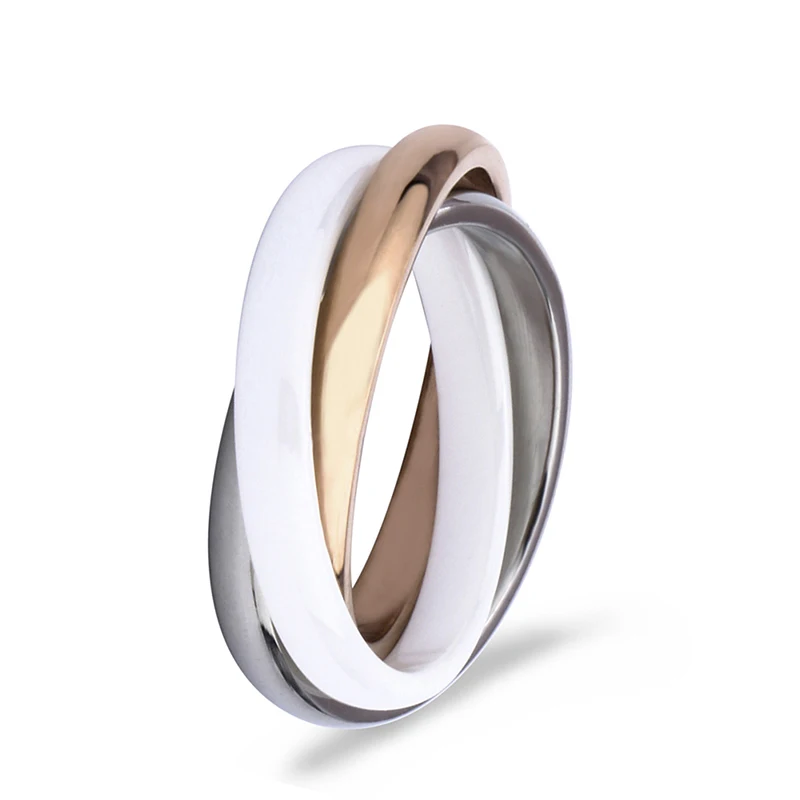 Три круга кольца в одном кольце ювелирные изделия из нержавеющей стали и здорового керамического материала никогда не выцветает женские кольца розовый синий цвет - Цвет основного камня: White