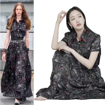 

ways is printed collar short sleeve shirt type closed dress high silver with Korean style in the waist