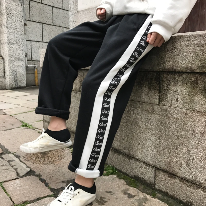 Neploe Harajuku, уличная одежда, Ретро стиль, длинные штаны, контрастные по бокам, цветные, с буквами, брюки для отдыха, для женщин и мужчин, флисовые прямые штаны, 55609