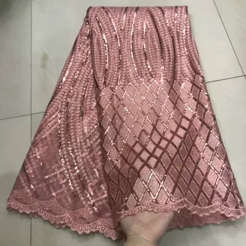 

New Sequin Lace Fabric For Wedding Party Dress 5Yards Quality African Sequin Mesh Lace Fabric Embroidered French Lace