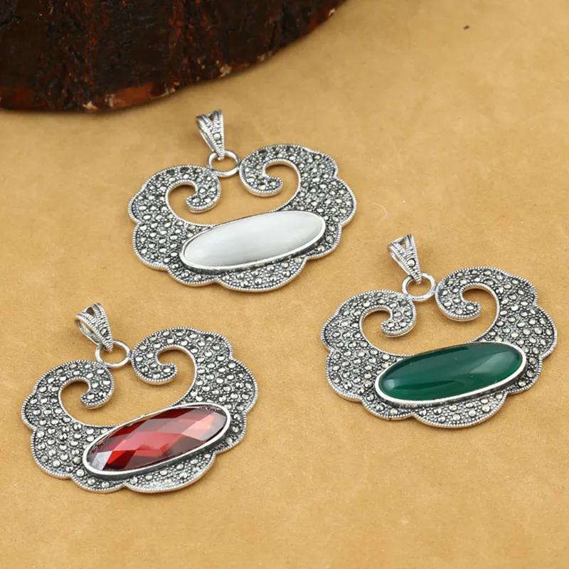 

925 Sterling Silver Retro Thai Silver Men And Women Green Agate Marksay Inlaid Long Life Lock Pendant Couple Accessories