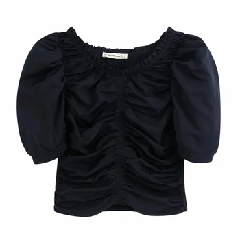 

new women vintage puff sleeve pleated solid casual Shirts side zipper blouses women agaric lace roupas femininas tops LS6412