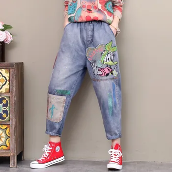 

Spring Plus Size Dyed Jeans Woman Elastic Waist Embroidered Cartoon Patch Denim Ankle-length Pants Casual Streetwear