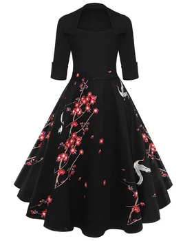 

2019 Satin Vantage Scoop Neck Three Quarter Sleeves A Line Cocktail Dresses Flower Printing Knee Length Women Night Club Dress