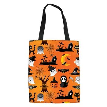 

Halloween Pumpkin Bat Ghost Casual Totes Bag Women Handbag Ladies Travel Bags Black Cat Canvas ShoppingBag For Custom