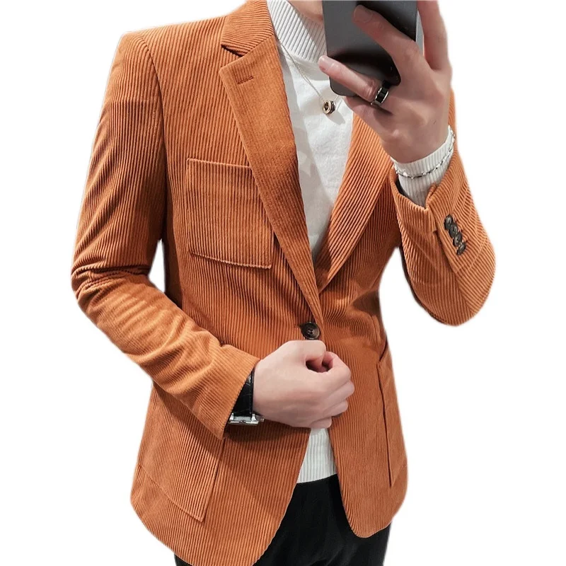 Top Quality Corduroy Blazer Men Clothing Simple Solid All Match 