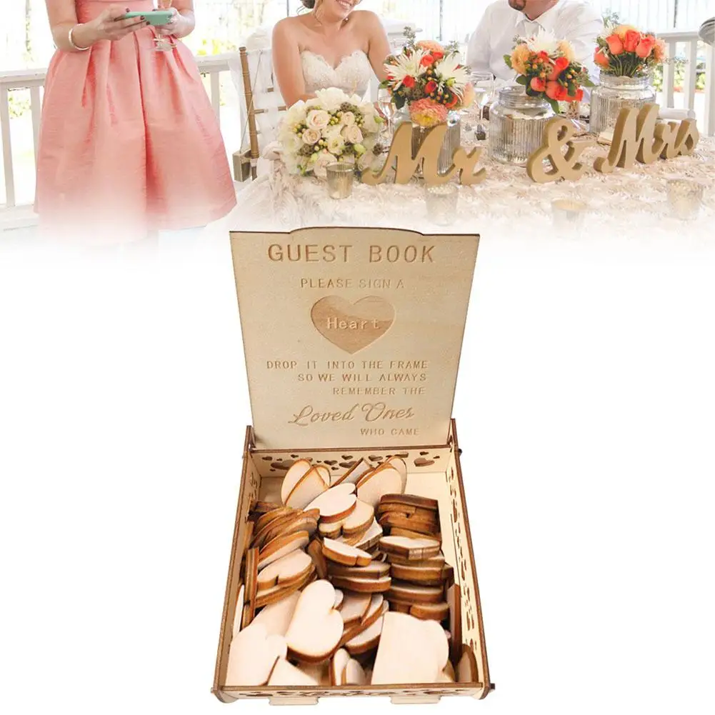 Пустотелая деревянная коробка для свадебной подписи для гостей, хранение чипов сообщений, украшение для свадебной вечеринки (не включая