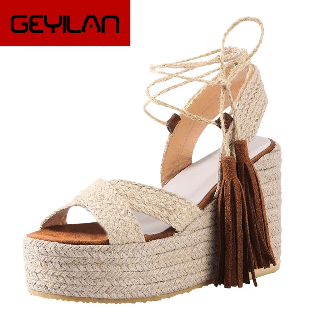 

Women Summer Wedge Sandals Female Platform Bohemia High Heel Fringe Lace Sandalias Fashion Open Toe Pumps Ladies Casual Shoes