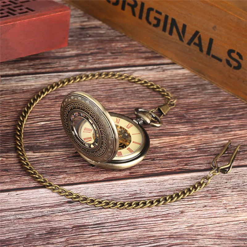 Vintage Half Hunter Unisex Hand Winding Mechanical Pocket Watch Roman Numerals Hollow Bronze Pendant Watches Clock FOB Chain