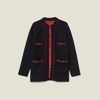 

Women Sweater 2019 Autumn and Winter New Stitching Gold Buckle Retro Solid Color Sweater