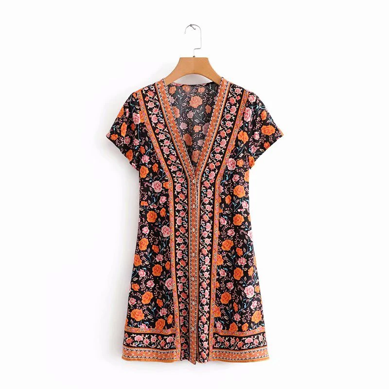 Коричневый KIYUMI Boho платье для женщин, из искусственного шелка Мини платья Лето v-образным вырезом с коротким рукавом цветочным принтом Vestidos пляжное повседневное цыганское сексуальное платье - Цвет: Коричневый