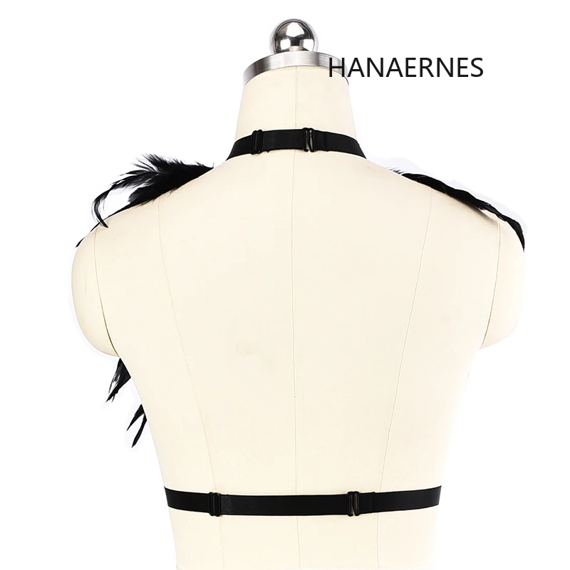 HANAERNES Black feather epaulette bra restrained shoulders holiday prom wearing steampunk goth body suspenders underwear