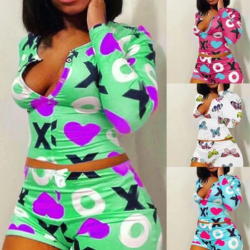 

Funny Patterns Deep V Bodycon Sleepwear Jumpsuit Button Bodysuit Shorts Romper Plus Onesie Pajamas For Adults Women