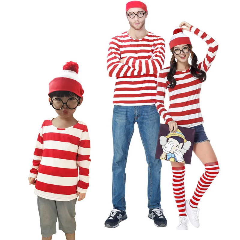 

Parent-Child Where is Wally Costume Waldo Book Week Fancy Dress Outfit Stripe Shirt Hat Glasses Kit Cosplay Women performance