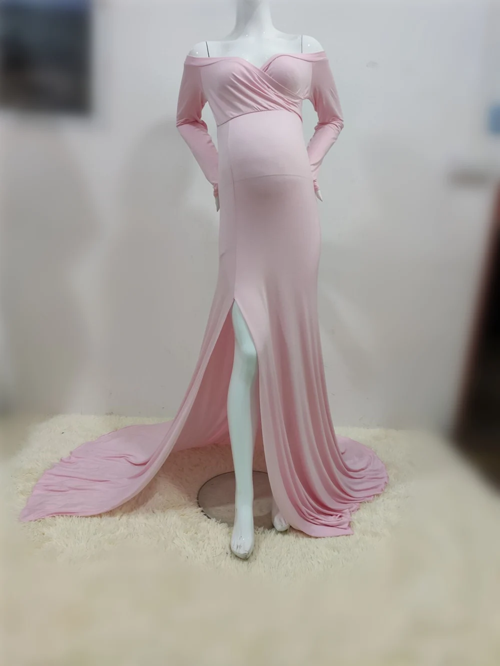 Sexy Shoulderless Maternity Dresses For Photo Shoot Maxi Gown Split Side Women Pregnant Photography Props Long Pregnancy Dress (13)