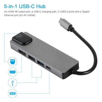 

To Gigabit Ethernet 5-in-1 USB C-type Hub Gray Aluminum alloy Converter
