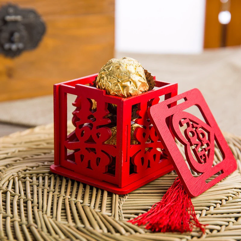 Tassel Candy Storage Box For Wedding Party Vintage Chinese Red Wooden Hollow Box Chocolate “Chinese Love”Container
