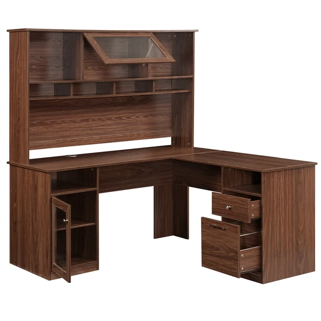 Home Office L-Shaped Desk With Hutch And Glass Doors 1