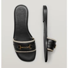 

Elmsk Slides Shoes Women Casual Flip Flops Slippers Women Enlgand Office Lady Fashion Linen Weave D Gold Buckle Shoes Woman