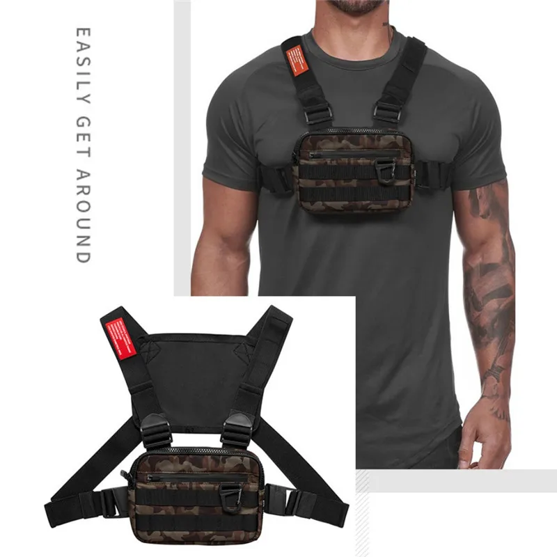 Men Tactical Waist Bag Tactical Vest Chest Pack Hip Hop Function Camouflage Chest Rig Pack Outdoor Hunting Bag Black