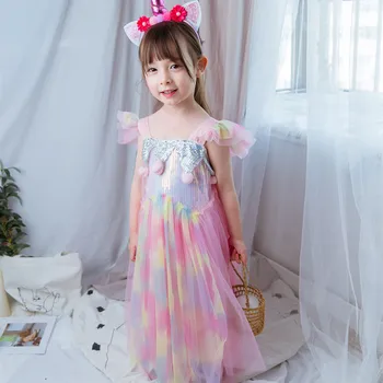 

Girls Unicorn Dress Costume Pompom Summer Toddler Girls Princess Birthday Party Ball Gown Kids Horse Clothes Rainbow Outfits