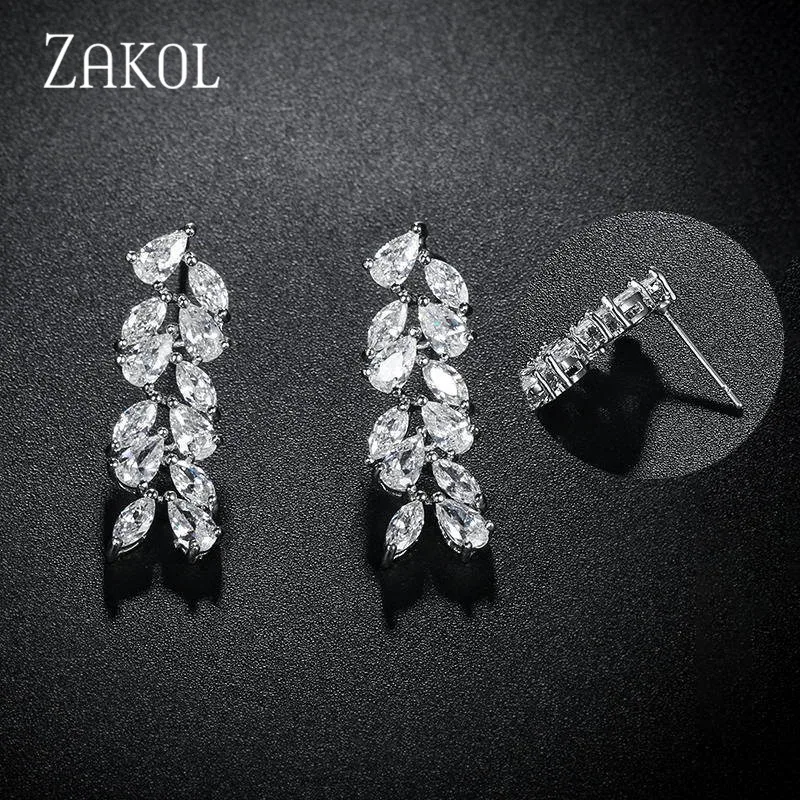 Stud Earrings ZAKOL блестящие Длинные Элегантные Свадебные Ювелирные серьги с кубическим цирконием и листьями для женщин, свадебный ужин, подарок на день рождения, ювелирные изделия, ssel858 - Окраска металла: Stud Earrings