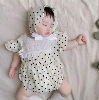 

2020 new baby girls dots romper with hat summer cotton fashion babys jumpsuit 6-24 month HV816
