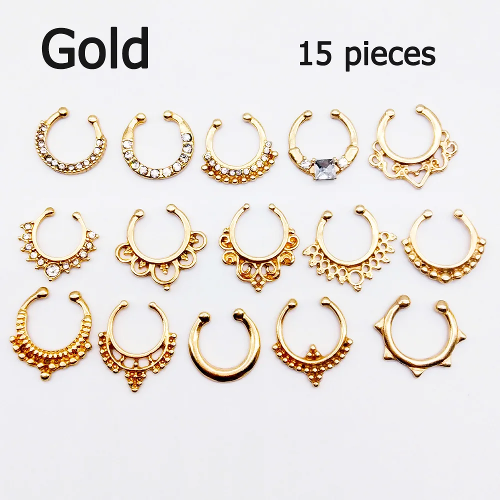 15PCS Gold Color 15 шт. Набор Кристалл Поддельные Нос кольцо Мода Серебряный цвет круглый перегородка пирсинг кликер искусственный зажим не для тела обруч для женщин ювелирные изделия - Окраска металла: 15PCS Gold Color