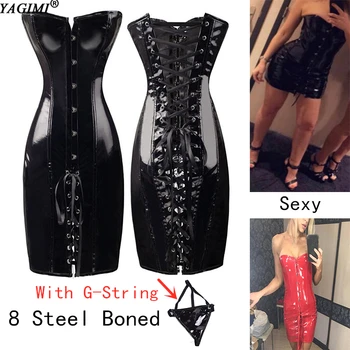 

YAGIMI Women Pvc Bright Leather Corset Gothic Sexy Body Shaper Slimming Top Shapewear Steampunk Bustier Waist Trainer Party Dres