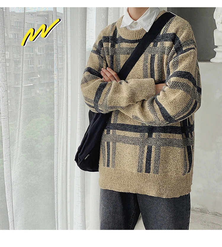 Зимний свитер мужской теплый модный ретро клетчатый Повседневный вязаный свитер мужской уличная дикий Свободный пуловер с длинными рукавами мужская одежда