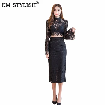 

Women's 2 piece sets 2020 Spring New Korean-style Elegant Stand-Collar Flare Sleeve Lace Shirt Sheath Skirt Black Two-Piece Set