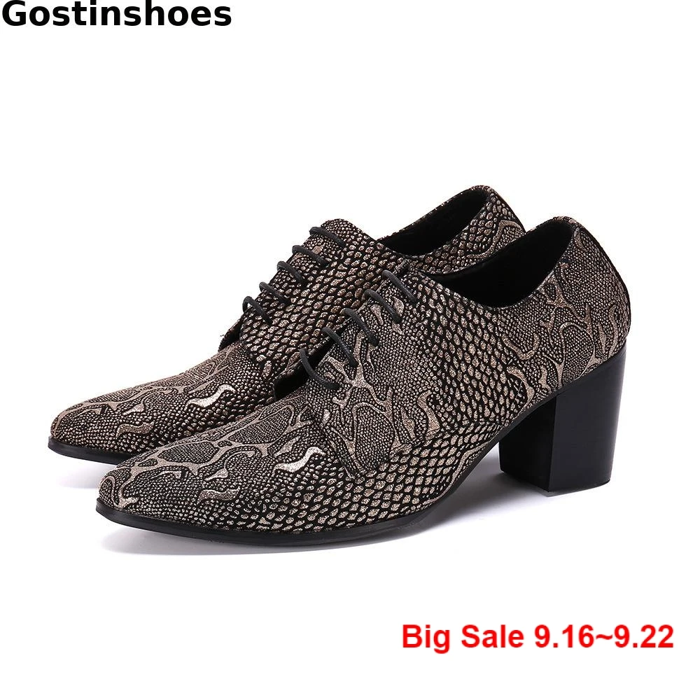 

Height Increased Casual Men Leather Shoes Snakeskin Printed Lace Up Genuine Leather Men Derby Shoes Leisure Business Men Shoes
