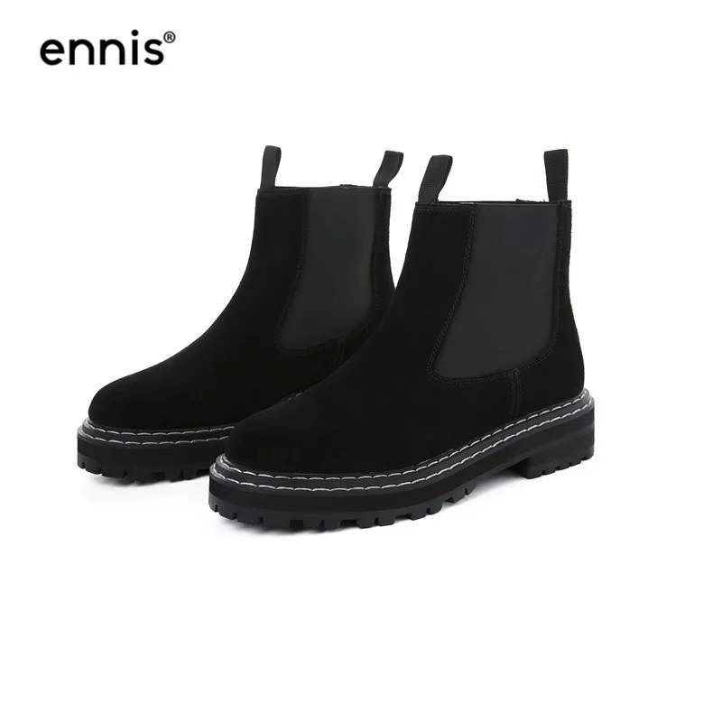 Black Plush inside ENNIS/брендовые замшевые ботинки; женские ботильоны на платформе; обувь на низком каблуке; женские ботинки из коровьей кожи на плоской подошве; модная обувь без застежки; Новинка; A9230 - Цвет: Black Plush inside