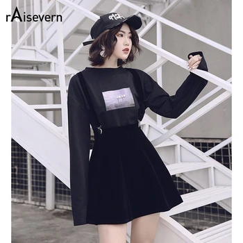 

Raisevern New Women Women Skirt Harajuku Velvet Punk Style Love Clip Strap Skirt Female Dark Mini Skirts