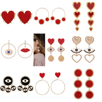 

SexeMara New Design Lady Statement Earring Women Metal Gold Color Eye Heart Lips Long Dangle Drop Earrings Fashion Party Jewelry