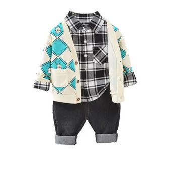 

2020 New Spring Autumn Children Fashion Clothes Baby Boys Girls Lattice Jacket Shirt Jeans Pants 3Pcs/sets Kids Infant Tracksuit