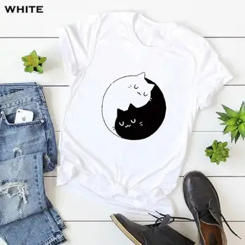 

Yin Yang Cats Print T Shirt Women Short Sleeve O Neck Loose Tshirt 2020 Summer Women Tee Shirt Tops Camisetas Mujer