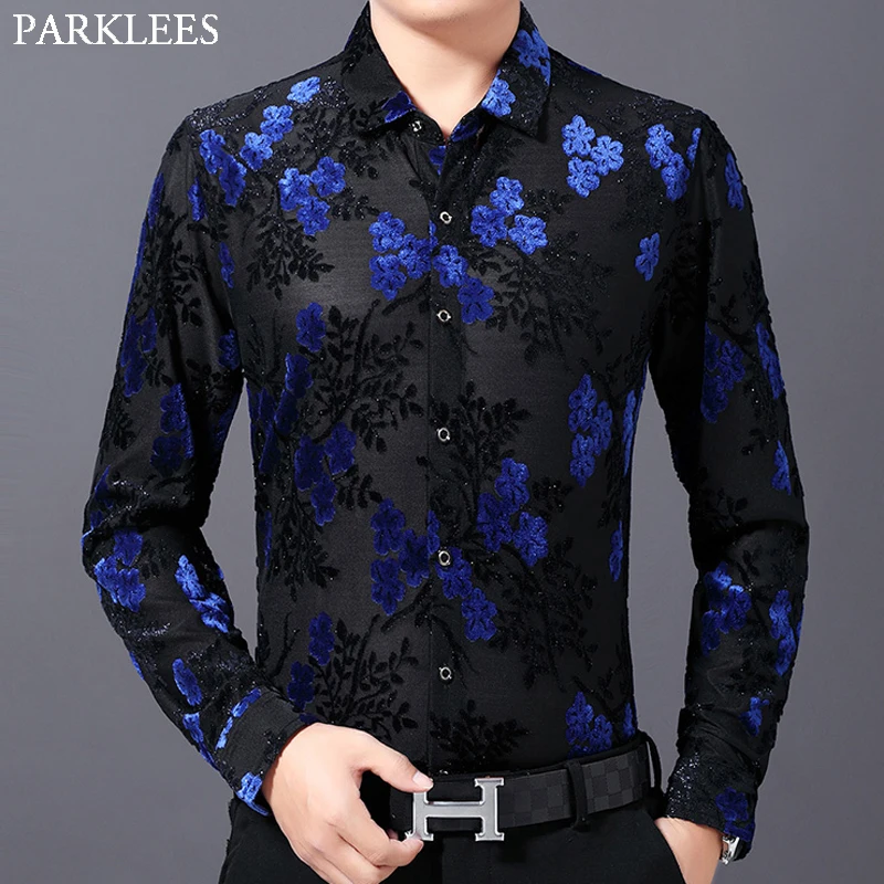 Luxury Blue Floral Velvet Dress Shirts Men 2020 Slim Fit Long Sleeve
