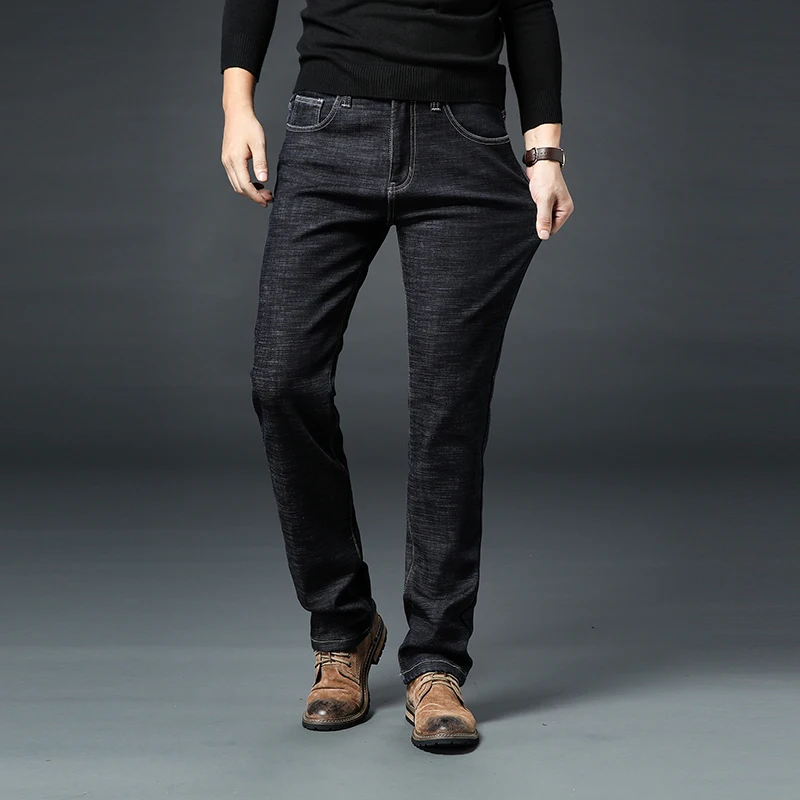 Новинка, зимние теплые флисовые мужские джинсы, плотные Стрейчевые джинсы, прямые мужские брендовые хлопковые брюки, для мужчин, плюс размер 40, 42, 44, 46, эластичные