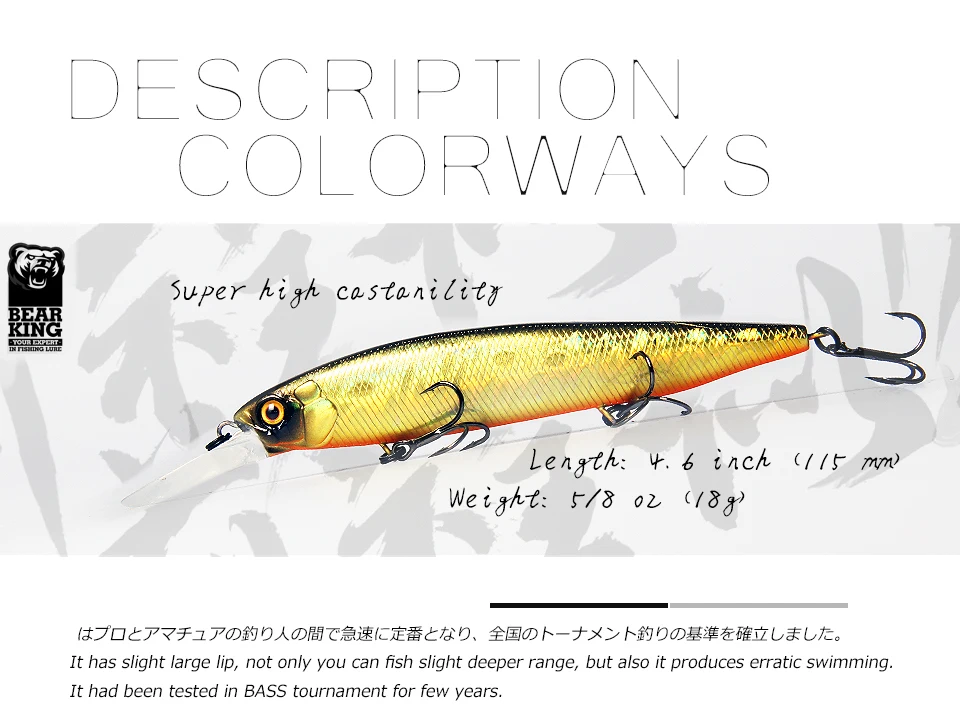 Description Picture 2 of itemBearking 115mm 18g new arrival slowly floating Fishing Lures Artificial Bait Predator Tackle jerkbaits for pike and bass