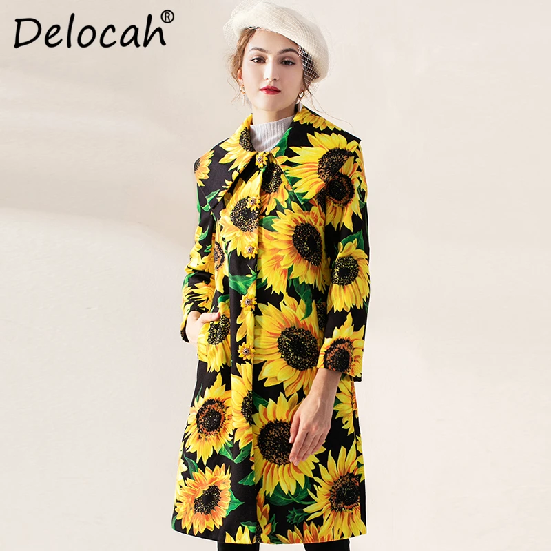 

Delocah Autumn Winter Women Coat Runway Fashion Designer Long Sleeve Sunflower Flower Printed Elegant Slim Warm Lady Overcoat