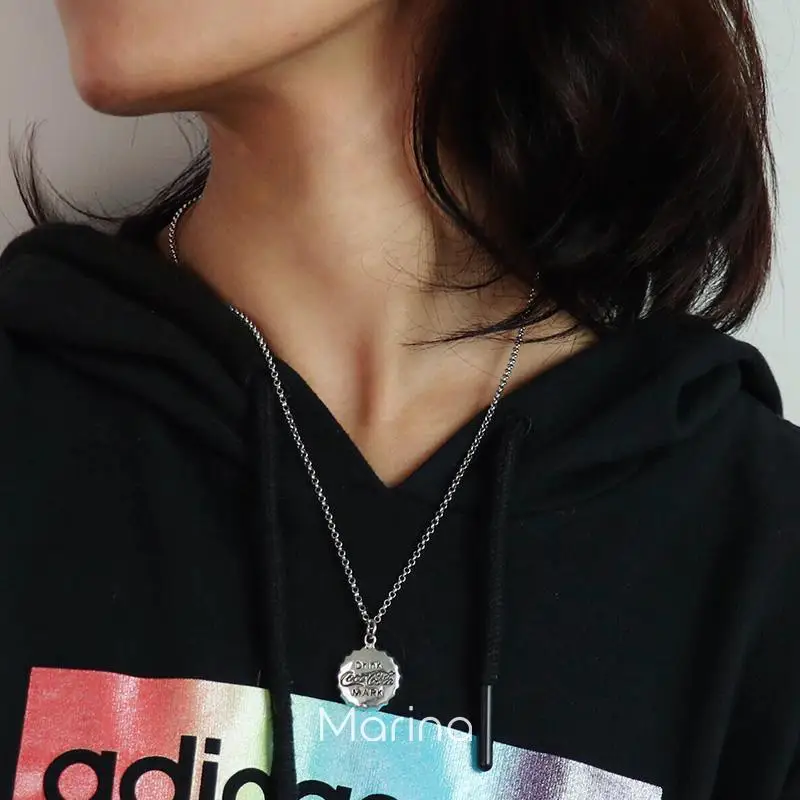 

S925 Quintana Fine Silver Retro Retro Coke Bottle Caps Necklace Non-symmetrical like round Plate Sweater Chain Thai Silver Men A