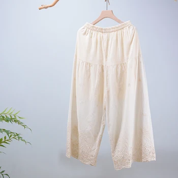 

Embroidery cotton pants loose women casual solid hollow hem pants