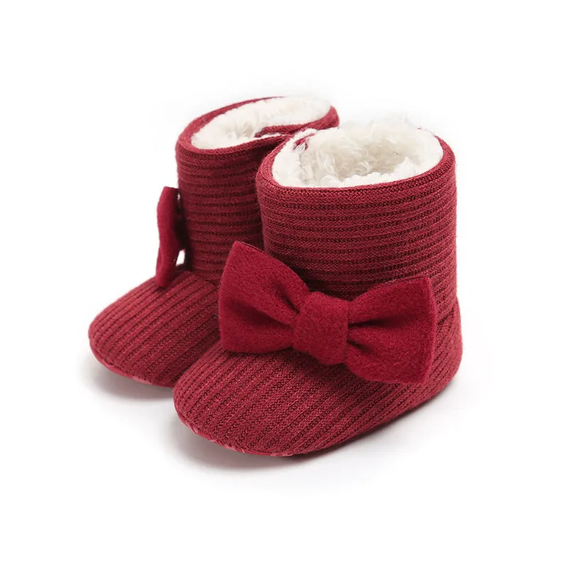 Теплый для новорожденного зимняя мягкая обувь модная одежда для новорожденных девочек с прелестным бантом для принцесс в ползунках Нескользящие зимние сапоги на возраст от 0 до 18 месяцев