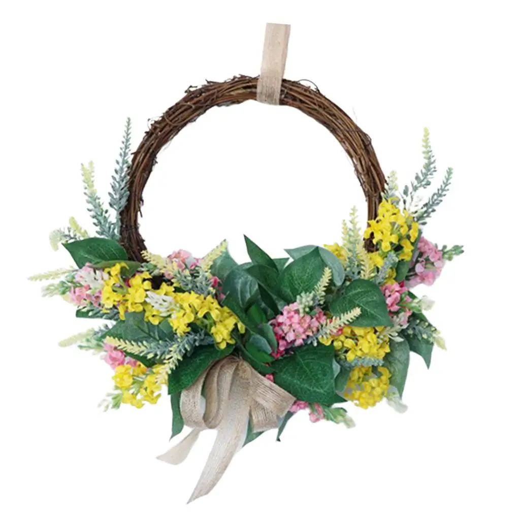 Handmade Lavender Wreath Floral Artificial Simulation Garland Wreath with Rattan Ring and Bow Ribbon